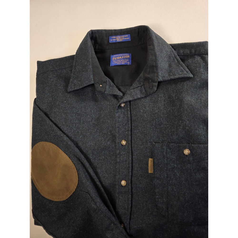 Pendleton Elbow Patch Trail Shirt Mens Large Wool Long Sleeve Gray Blue...
